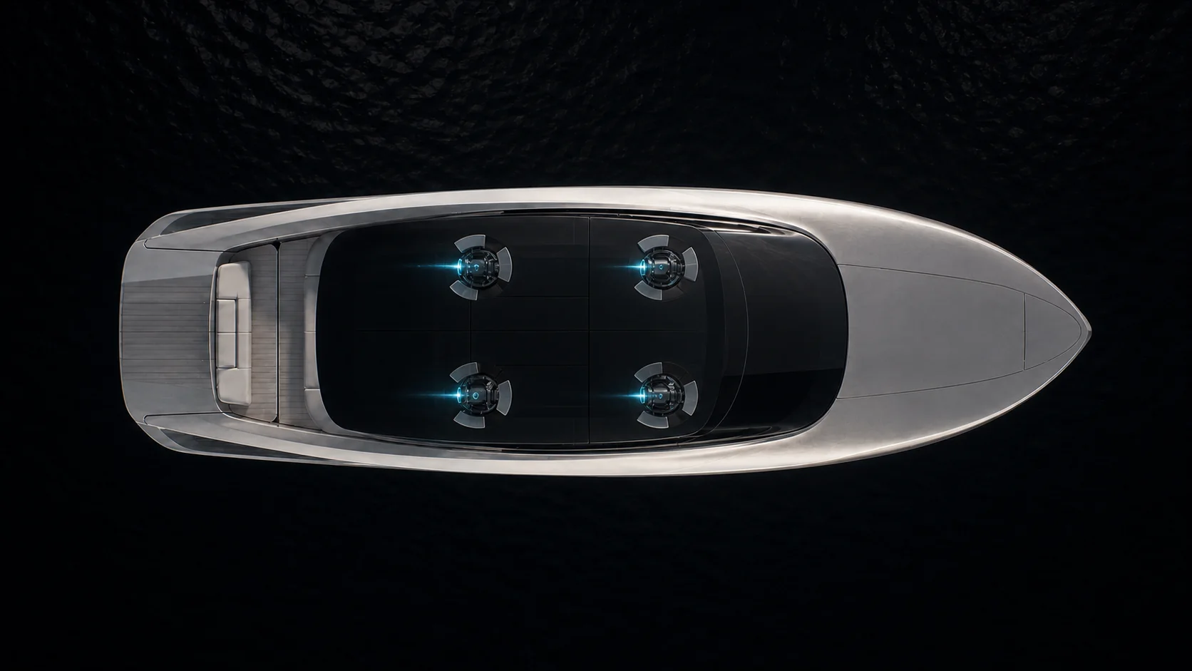 Top-down cutaway of the NAVO 42 hull showing four compact electric propulsors in widely spaced forward and aft pairs