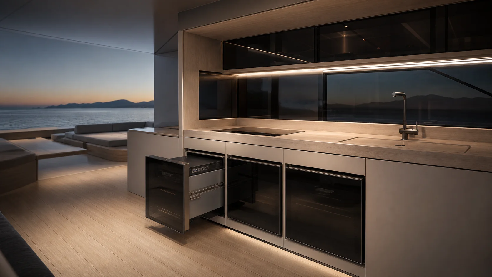The NAVO modular galley on the upper deck with three interchangeable appliance bays