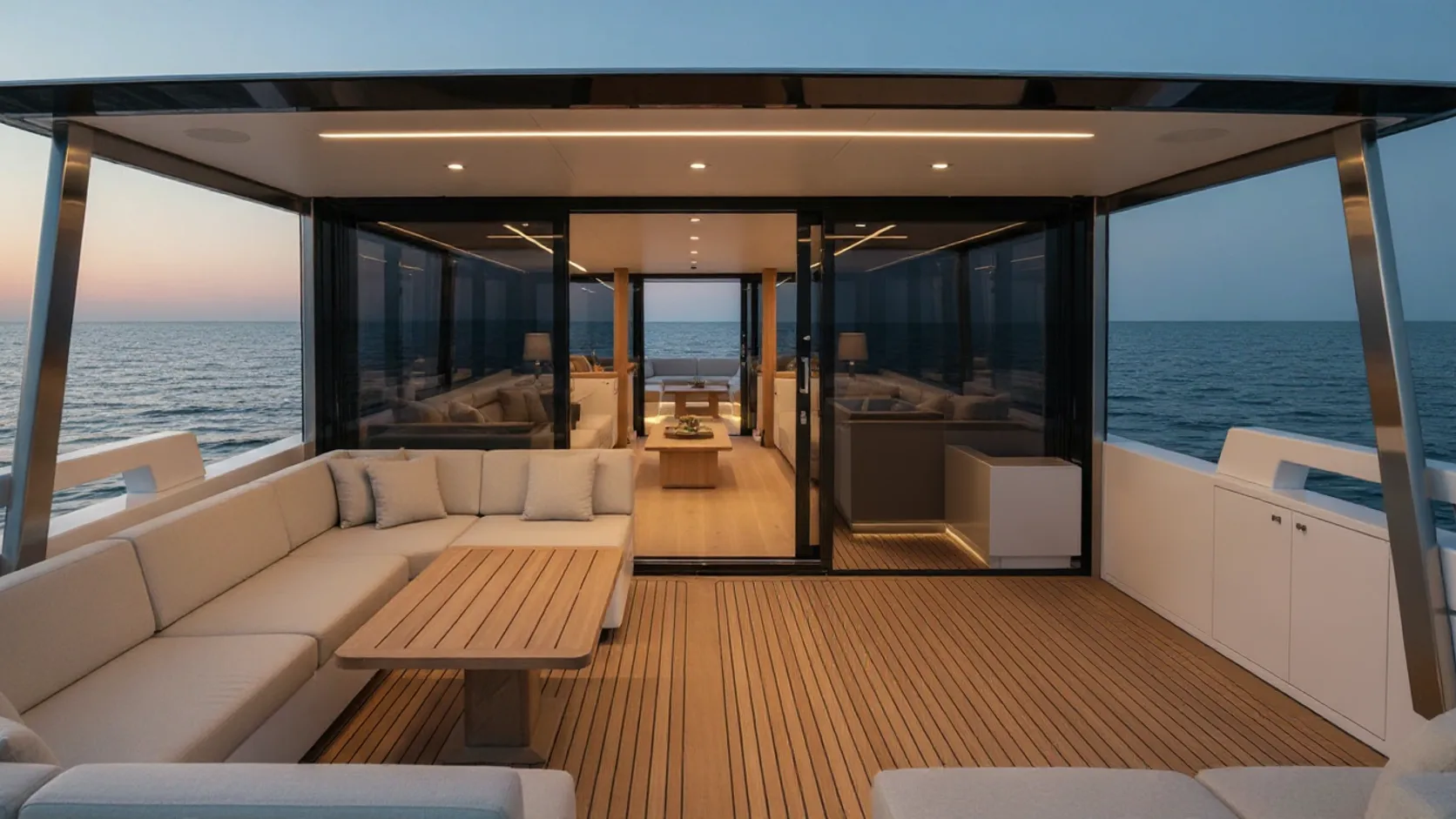 Aft view of the NAVO 42 upper deck with full-height folding glass panels between the salon and the roofed open-air cockpit