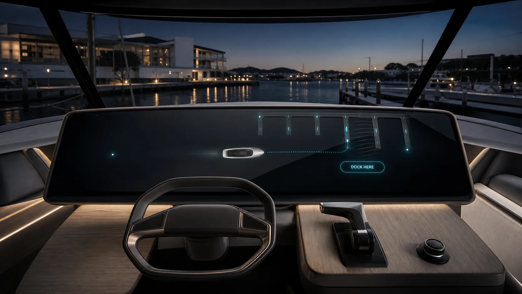 The minimal NAVO glass helm interface showing an assisted docking view of a marina