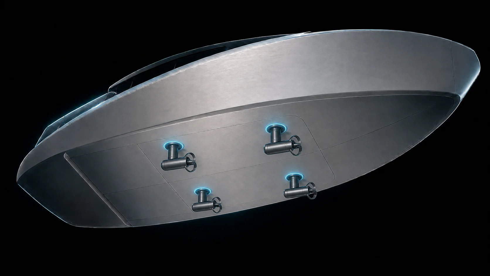 Four identical NAVO azimuthing electric pods arranged as a wide symmetrical rectangle inside the protected hull planform